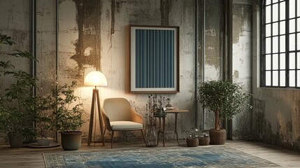 Industrial Chic Living Room Concrete Walls, Stylish Furniture, and Lush Greenery. 3D Rendering.