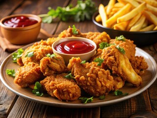 Fototapeta premium Deliciously Crispy Fried Chicken and Golden Fries - Candid Food Photography for Comfort Food Lovers