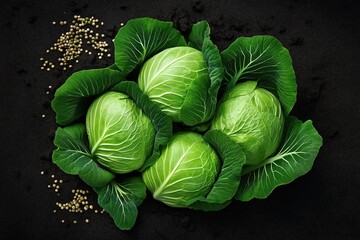 Fototapeta premium Four fresh green cabbage heads on a dark background with scattered coriander seeds on the left.