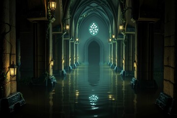 Mysterious flooded hall with glowing lanterns in a gothic setting.generative AI
