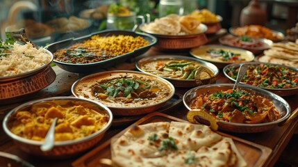 Obraz premium A large spread of traditional Indian food, including various curries, rice, and breads, served in copper bowls on a rustic wooden table.