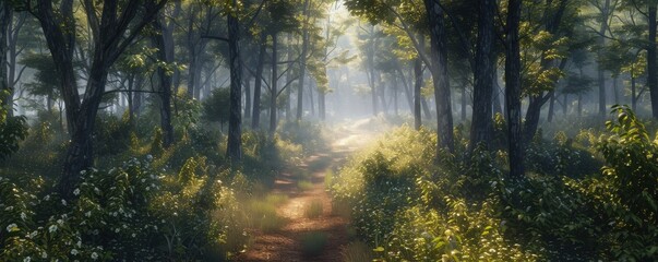 Fototapeta premium Peaceful forest path with sunlight filtering through the trees, 4K hyperrealistic photo