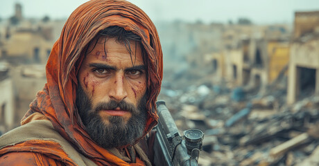 The  warrior man with a rifle standing in traditional Palestinian attire and a headscarf