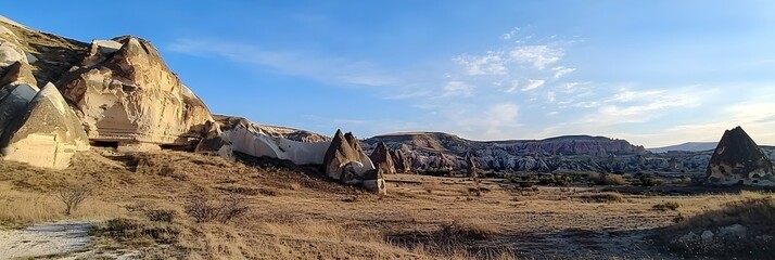 Obraz premium Breathtaking aerial view of a hot air balloon ride over the stunning Cappadocian desert in Turkey with its iconic rock formations basking in the early morning light