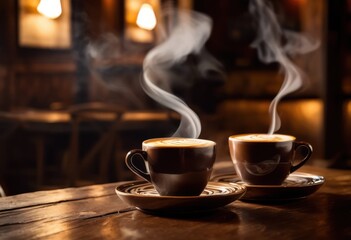 close shot steaming coffee cups table capturing warmth rich aroma perfect beverage, barista, brew, drink, earthy, elegant, flavorful, gourmet, infused, medium