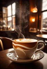 Obraz premium close coffee cup featuring intricate latte art wispy steam rising elegantly above surface, milk, espresso, crema, pattern, design, hot, drink, foam