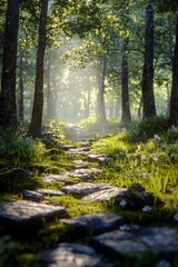 Obraz premium A beautiful forest with tall trees and sunlight shining through the leaves. There is an old stone path in front of it and grassy meadows on both sides. 