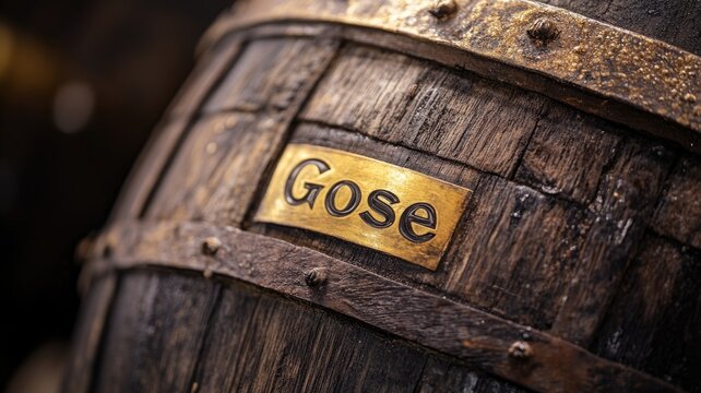 Wooden barrel with metallic trim labeled 'Gose'