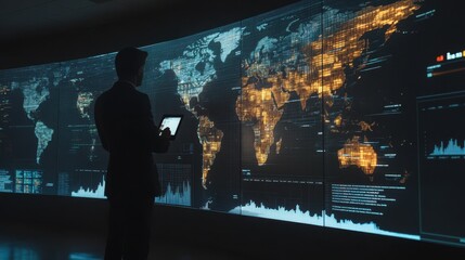 Innovative Business Insights A Professional Analyzing Global Data Trends via Advanced Digital Interfaces in a High-Tech Environment