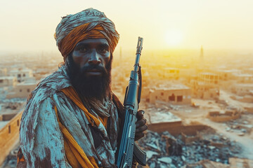 Obraz premium The warrior man with a rifle standing in traditional Palestinian attire and a headscarf