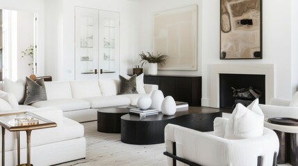 A chic and modern living room design featuring a white canvas backdrop, Carefully selected minimal furniture, Minimalist urban chic style
