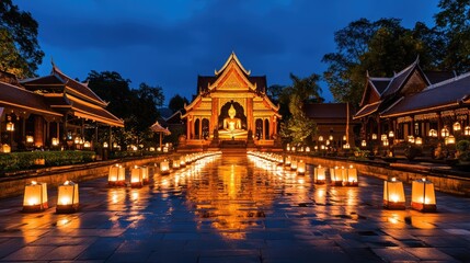 Fototapeta premium Serene Buddhist Temple at Dusk with Lanterns and Reflections