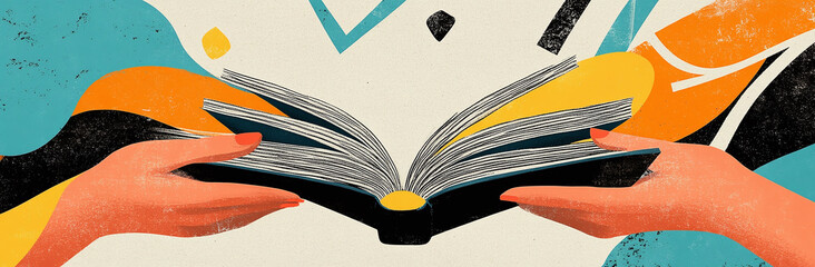 Obraz premium A minimalist artistic collage of two hands holding an open book, surrounded by abstract shapes in vibrant colors, representing knowledge and creativity