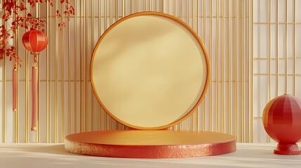 traditional chinese red and yellow round podium poster background