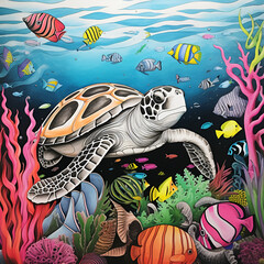 Obraz premium drawing turtle underwater