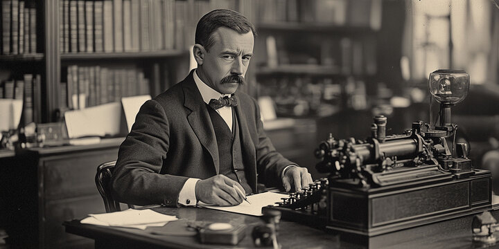  A diligent office worker types on a vintage typewriter under warm lighting, capturing a retro and nostalgic work environment.