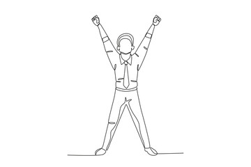 Single one line drawing young happy business man and business woman celebrating their success achieve business target. Business man who is happy because of success in career