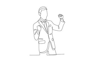 Single one line drawing young happy business man and business woman celebrating their success achieve business target. Business man who is happy because of success in career