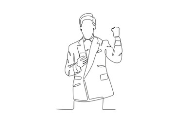 Single one line drawing young happy business man and business woman celebrating their success achieve business target. Business man who is happy because of success in career