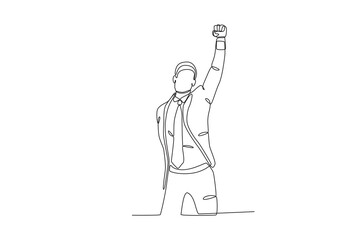 Obraz premium Single one line drawing young happy business man and business woman celebrating their success achieve business target. Business man who is happy because of success in career