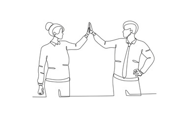 Single one line drawing young happy business man and business woman celebrating their success achieve business target. Colleagues who give high fives because they have successfully carried out their d