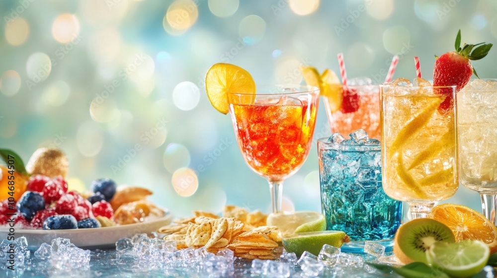 Poster refreshing cocktails with vibrant fruits and snacks are beautifully arranged on a table, perfect for