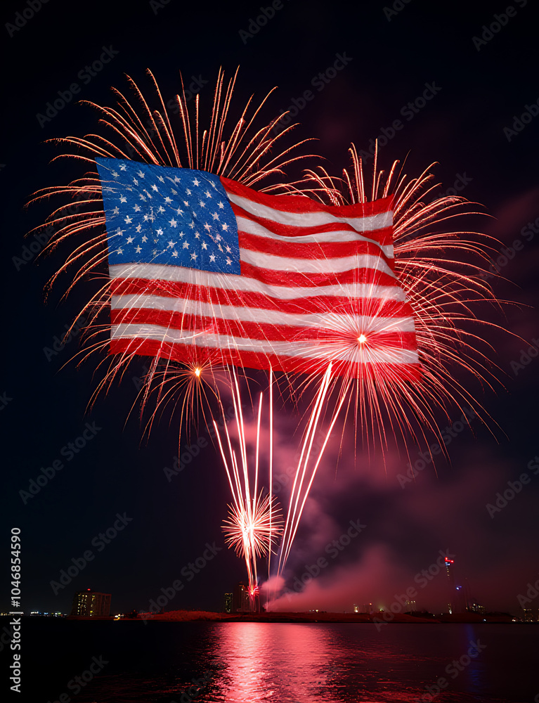 Poster fireworks light up united states flag in night sky display with vibrant colors and patterns.