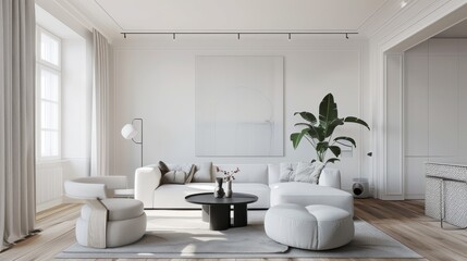 A chic and modern living room design showcasing a white canvas backdrop, Carefully selected minimal furniture, Minimalist urban chic style