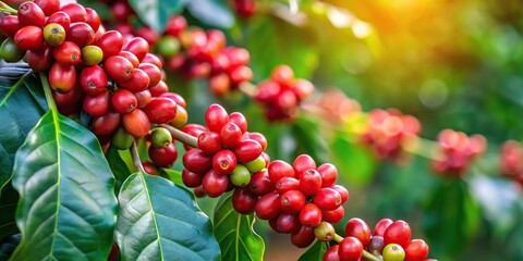 Coffee plant with bright red berries hanging from the branches, garden, coffee cherries, lush foliage, coffee plant