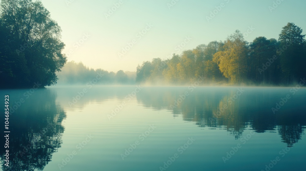 Poster morning mist blankets the serene lake, creating a peaceful atmosphere as the sun rises and lights up