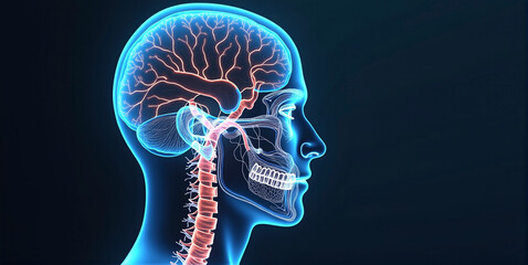 Graphic conceptual illustration of the nervous system in the human body, external environmental influences, sensory perception
