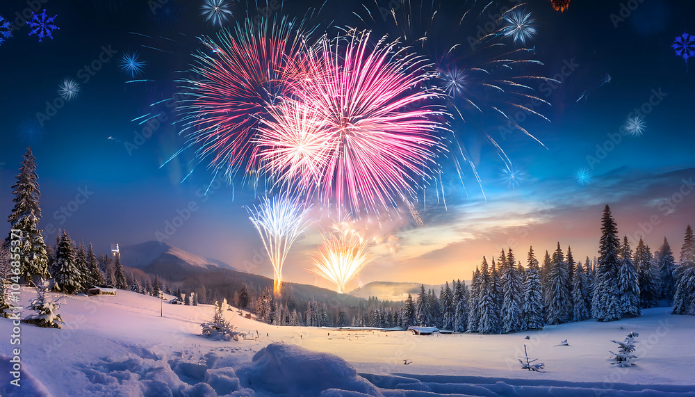 Poster fireworks light up a serene winter holiday scene in an abstract colorful visual atmosph_1(408)