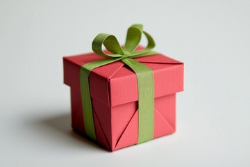 Obraz premium A bright red paper gift box with a green ribbon, sitting on a clean white background