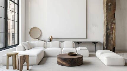 A chic and modern living room design with a white canvas backdrop, Carefully selected minimal furniture, Minimalist Art Deco style