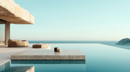 Modern, minimalist outdoor lounge area with an infinity pool overlooking the ocean, featuring beige bean bags, a concrete platform, and a clear blue sky.