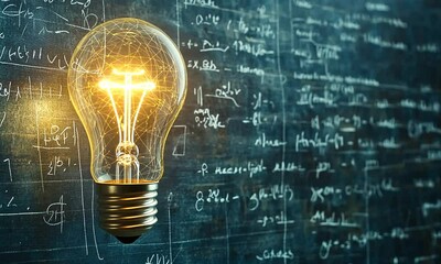 A Lit Light Bulb Against a Background of Handwritten Equations - Powered by Adobe