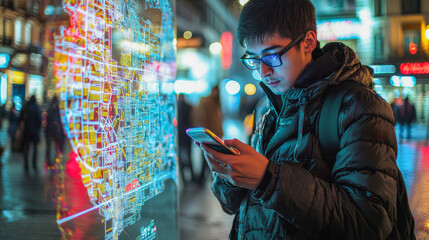 Young man using mobile phone with 3d hologram projection of city map - Travel and futuristic technology concept - Models by AI generative