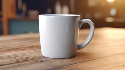 A white ceramic mug with a handle sits on a wooden table in a cozy home setting.