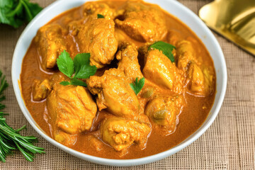 Delicious chicken curry masala served in plate in a cozy dining setting. indian food and restaurant concept