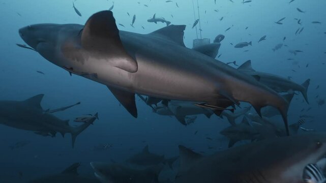 Close-up gray bull shark eats fish near divers underwater ocean of Tonga. Shark diving safari tourism. Divers feed school of sharks Carcharhinus leucas in underwater marine wildlife of Pacific Ocean.