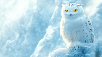 Obraz premium Majestic snowy owl perched on frosty landscape, showcasing its striking yellow eyes and white feathers. serene atmosphere evokes sense of wonder and tranquility