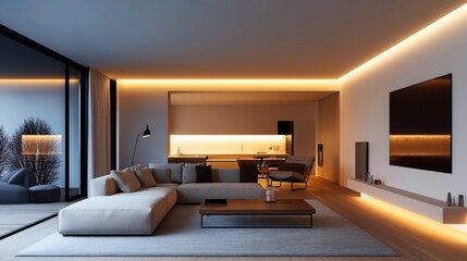 Fototapeta premium Modern open-concept living room and kitchen with minimalist design, large sectional sofa, wooden coffee table, ambient lighting, and floor-to-ceiling windows.