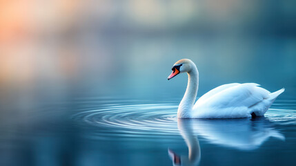 Fototapeta premium graceful swan glides across calm water, creating gentle ripples in serene blue environment. soft colors evoke peaceful and tranquil atmosphere