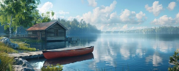 Serene lakeside with a dock and a canoe, 4K hyperrealistic photo