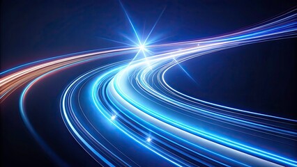 Glowing White Neon Light Trails Curving on Dark Blue Background for Modern Wallpaper and Backdrop Design, Abstract Digital Art, High-Contrast Visuals for Creative Projects