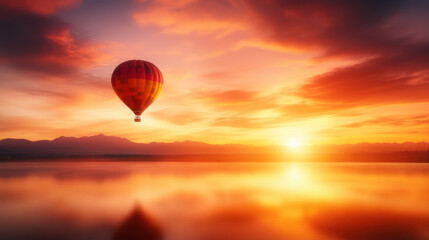 vibrant hot air balloon floats gracefully over serene lake at sunset, casting reflections on waters surface. colorful balloon contrasts beautifully with warm hues of sky, creating peaceful and