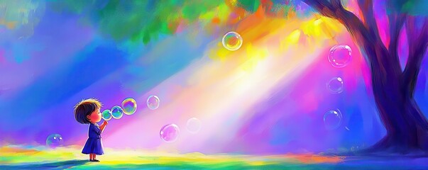 Obraz premium A young child blowing bubbles in a park, surrounded by soft sunlight, the bubbles reflecting rainbow hues, Digital painting, Charming, Dreamy