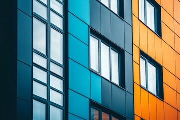 Fototapeta premium A close-up of the side profile facade of an office building, featuring vibrant colors like blue and orange on its exterior walls.