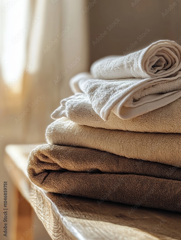 Fototapete neatly stacked towels in various soft colors rest on a wooden surface bathed in warm morning sunligh