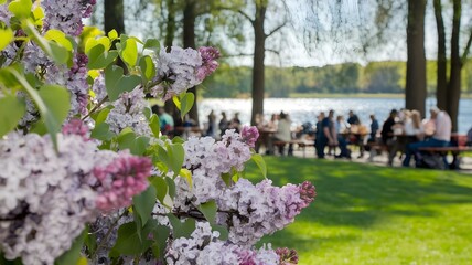 Obraz premium Vibrant Spring Gathering by the Water: Lilac Blooms in the Foreground with People Enjoying Time Outdoors